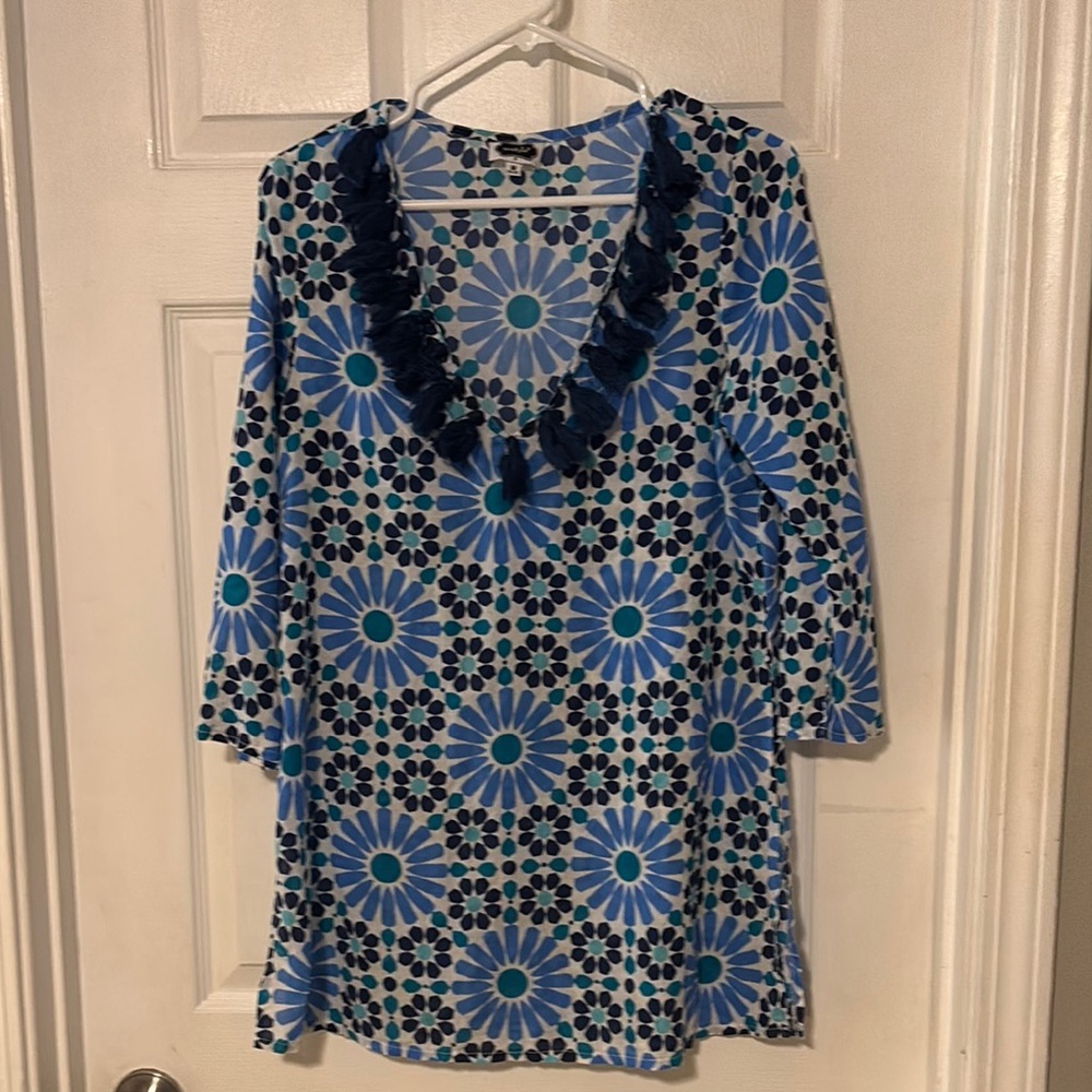 Mud Pie Blue  3/4 Sleeve Tunic or beach cover up. Fringe at neck. So cute!